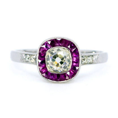 Platinum, Cushion-Cut Diamond and Ruby Halo Cluster Ring, 0.65 Carat