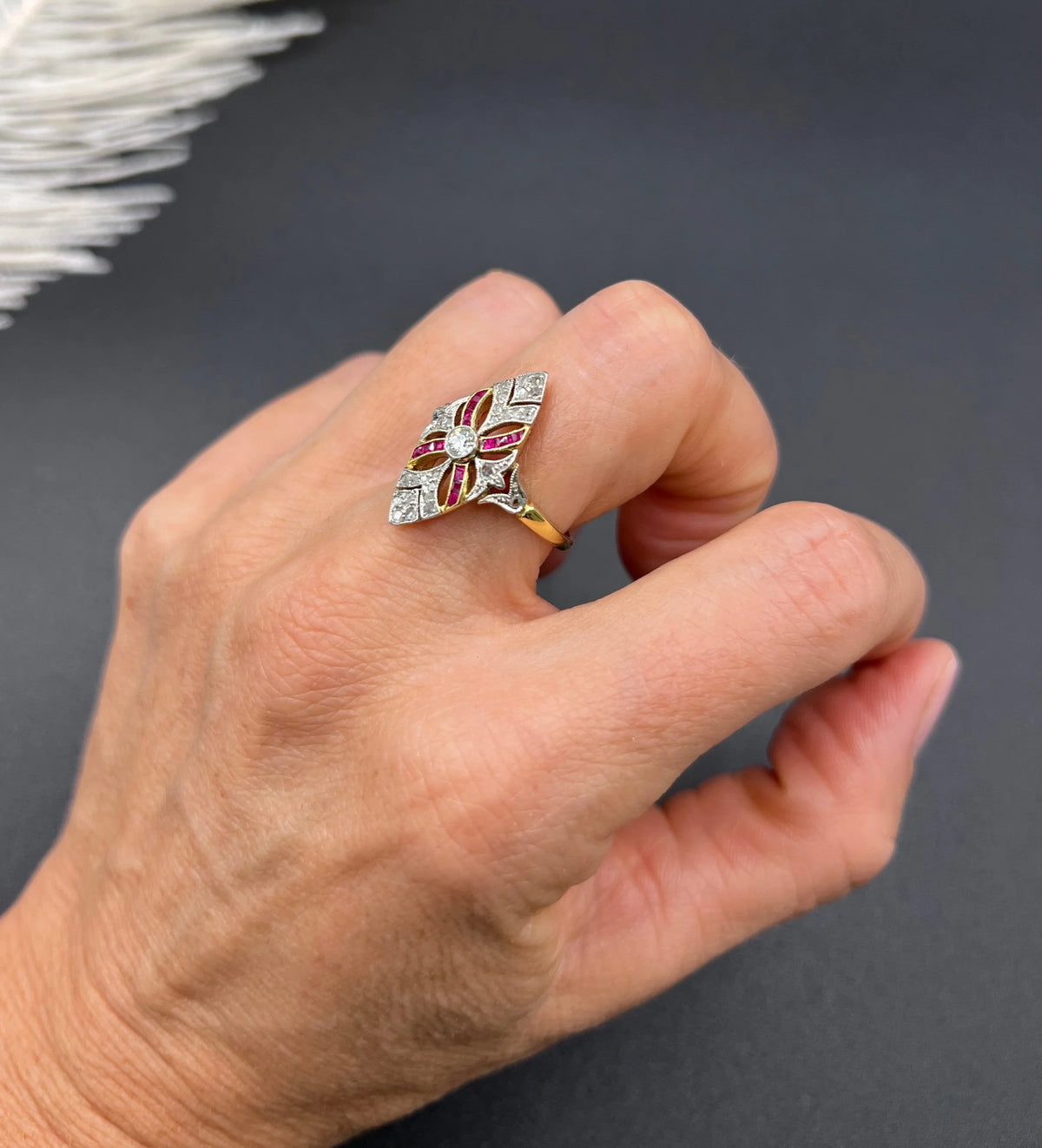 Antique Edwardian Ruby Diamond Marquise Navette Shaped Ring in 18ct Gold & Platinum