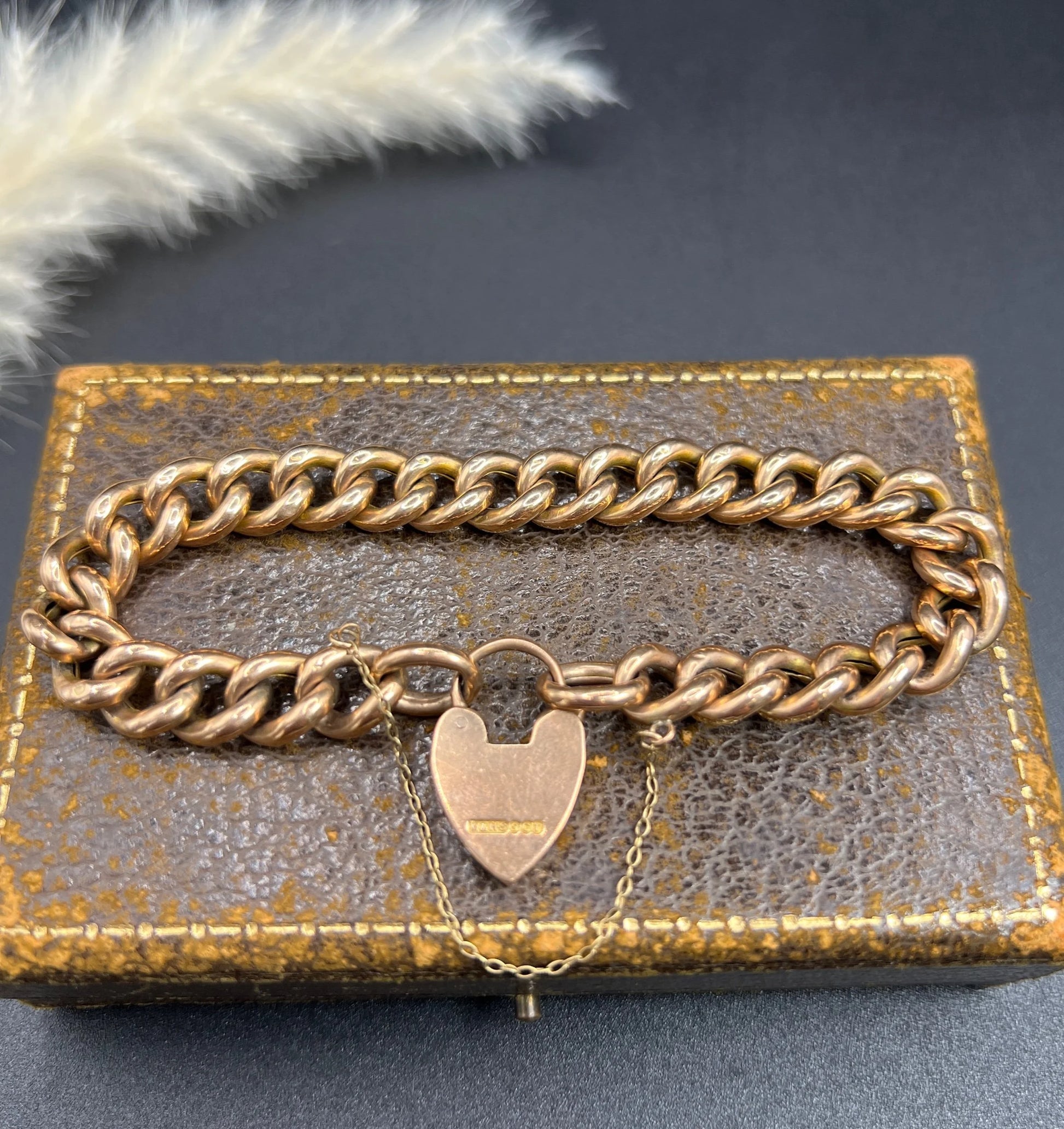 Antique 9 Carat Rose Gold Night and Day Floral Curb Bracelet with Heart Padlock
