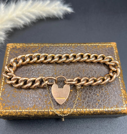 Antique 9 Carat Rose Gold Night and Day Floral Curb Bracelet with Heart Padlock