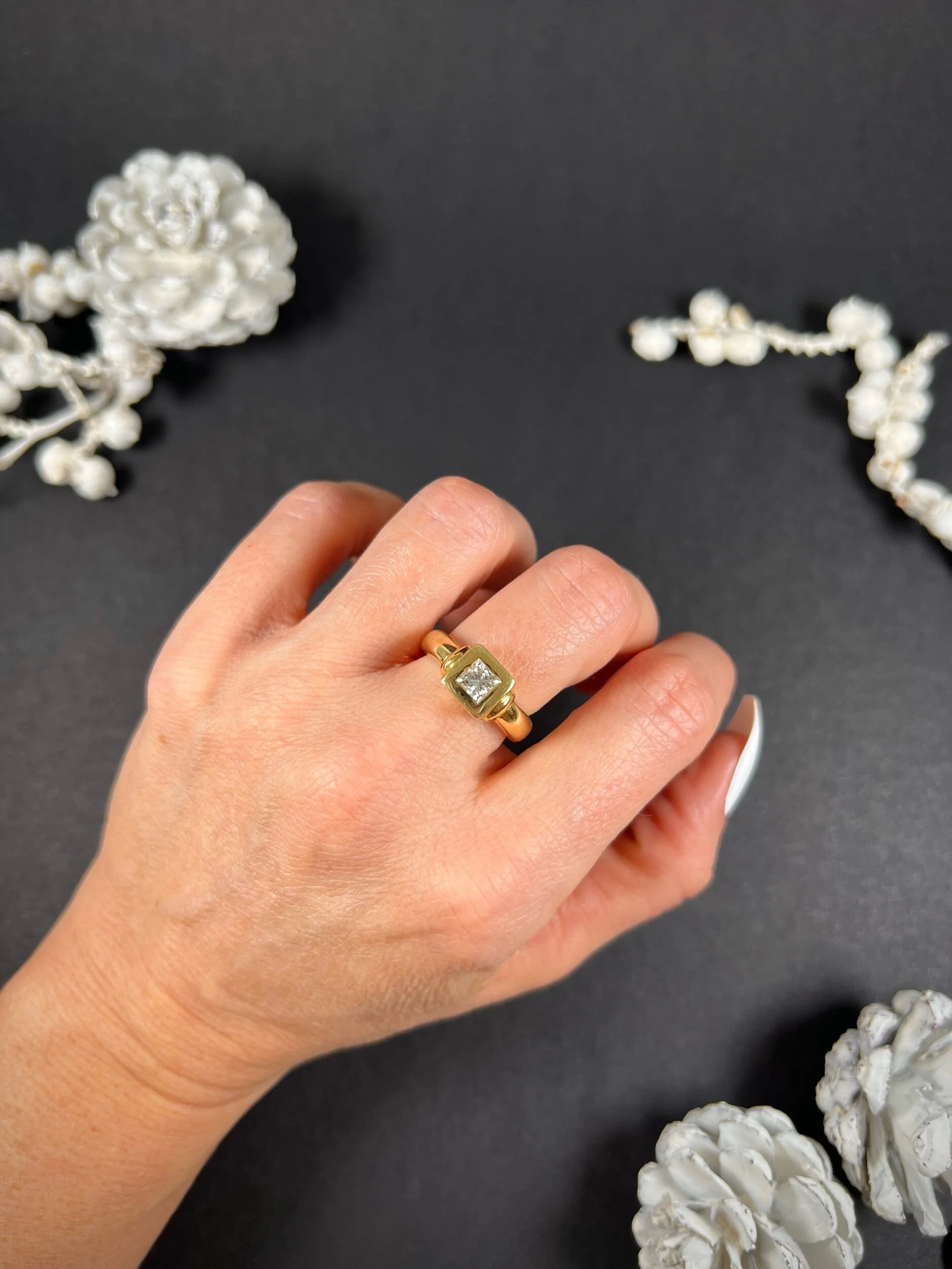 Vintage French 18 Carat Yellow Gold Princess Cut Diamond Single Stone Ring, Circa 1980