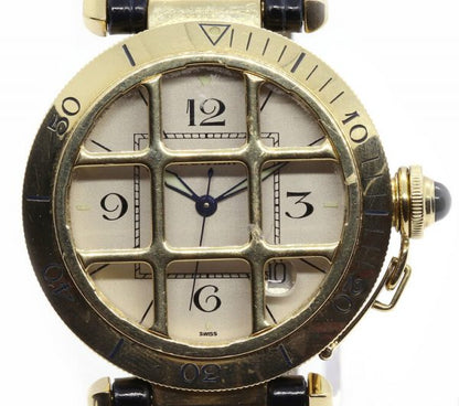 Cartier Pasha 18ct Yellow Gold 38mm Automatic Watch with Removeable Grill, Ref 1021, 18ct rotating bezel, on Cartier black leather strap with Cartier 18ct yellow gold deployant clasp, in a Cartier box