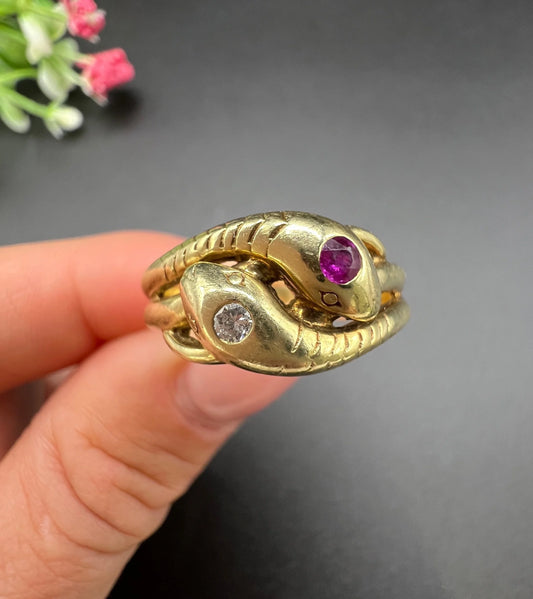 Vintage 14 Carat Yellow Gold Ruby and Diamond Double Headed Snake Ring, Circa 1930