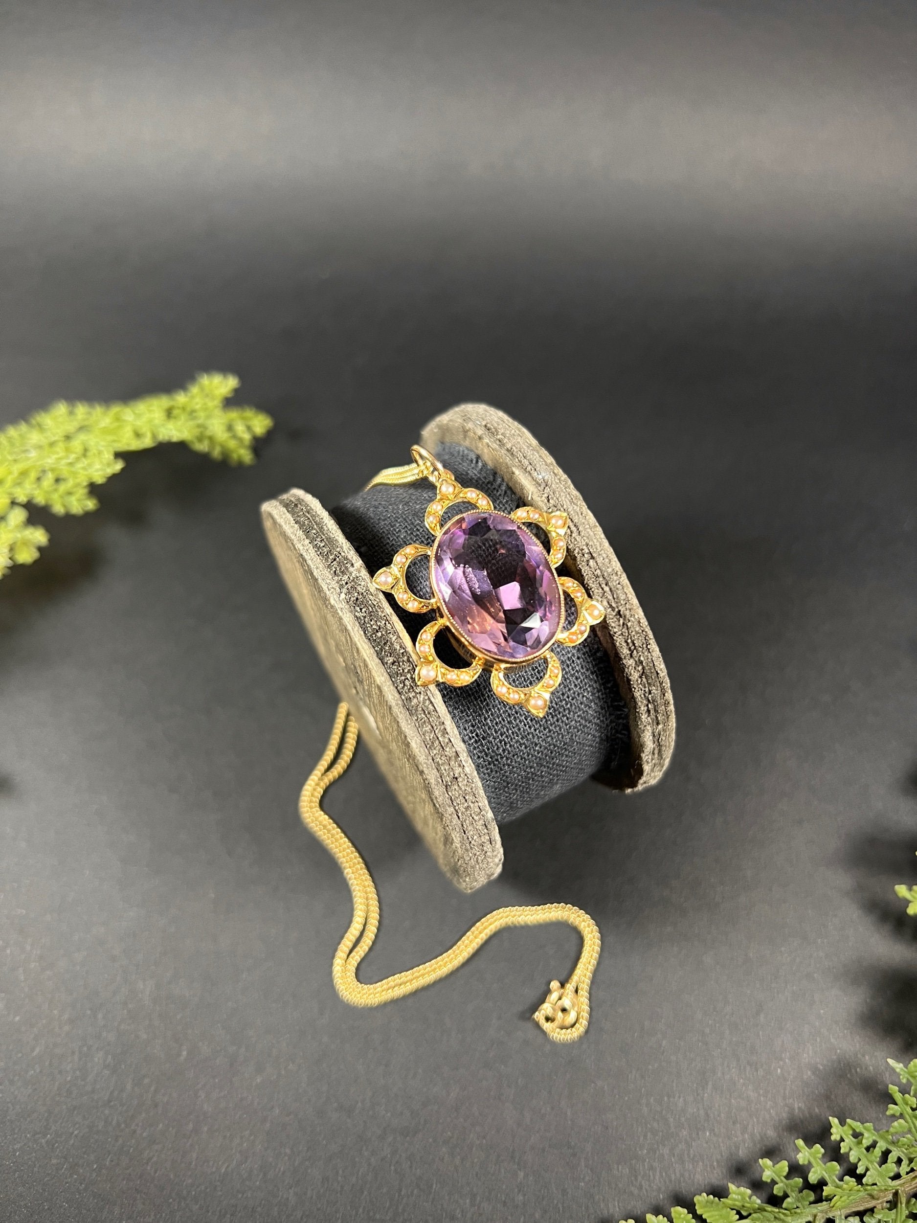 Antique 15 ct Yellow Gold, Edwardian Large Oval Faceted Amethyst And Seed Pearl Pendant