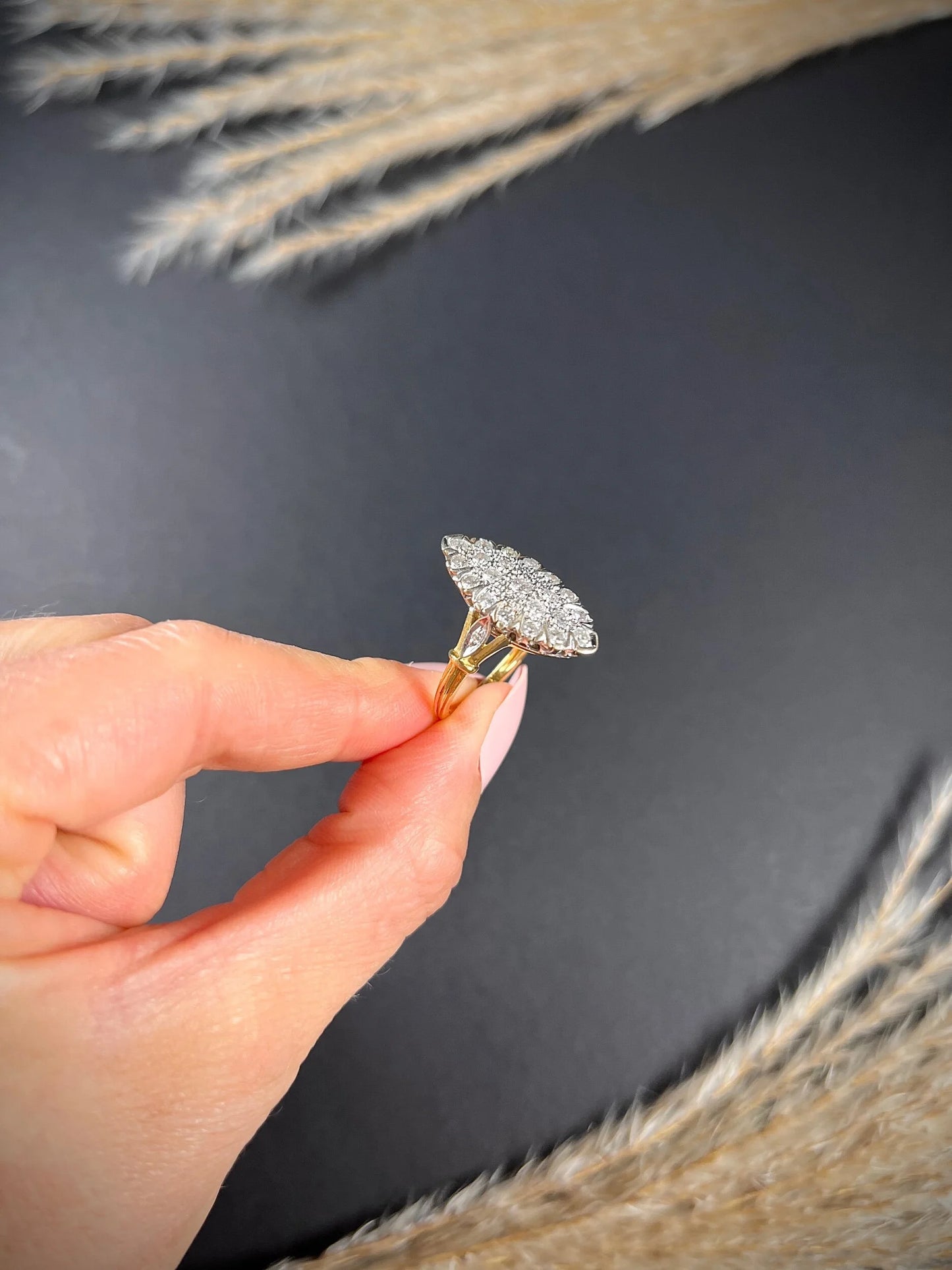 Vintage French 1940s Diamond Marquise Navette Cluster Ring