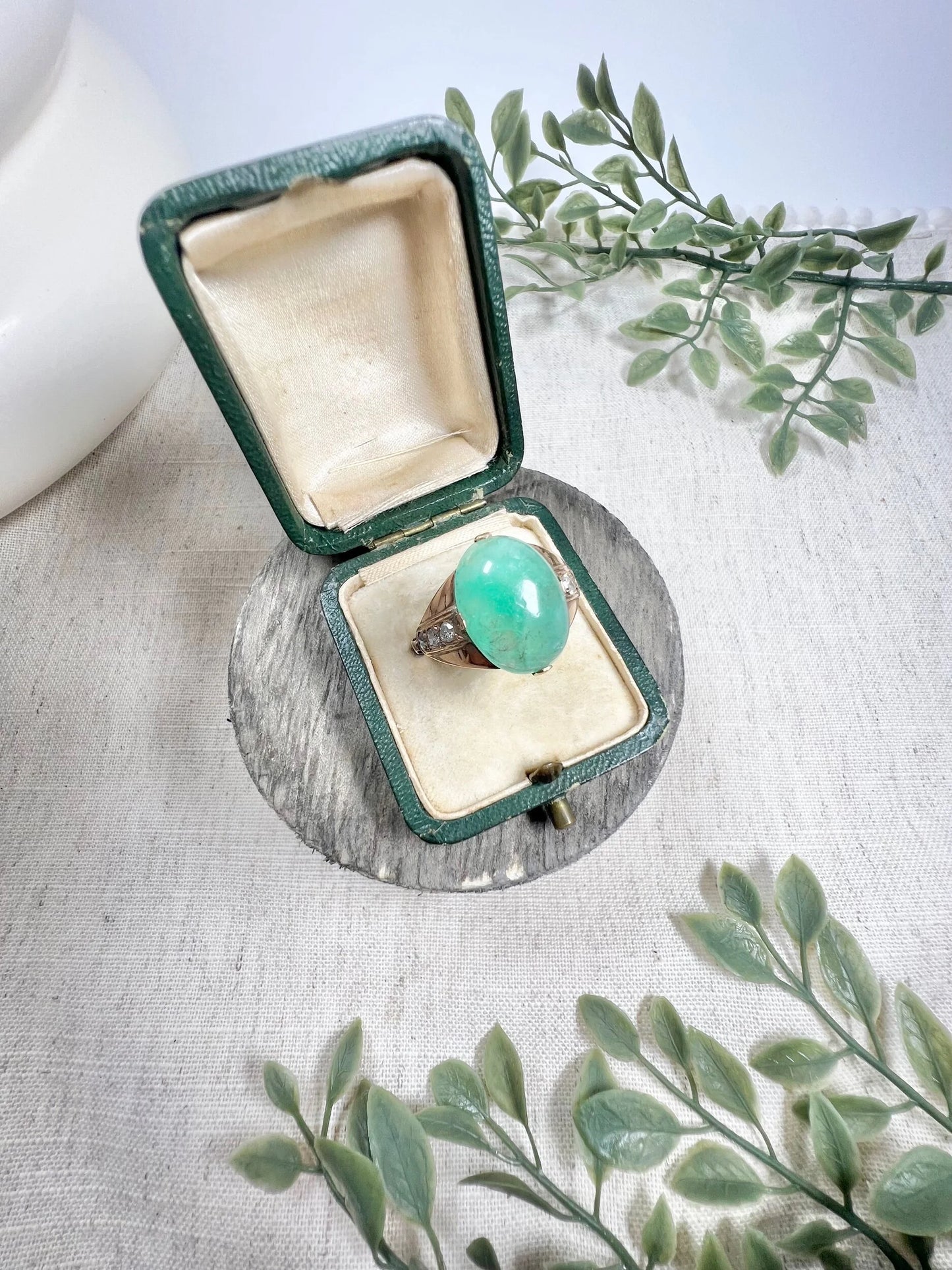 Vintage 14 Carat Rose Gold Cabochon Emerald and Diamond Ring, Circa 1960