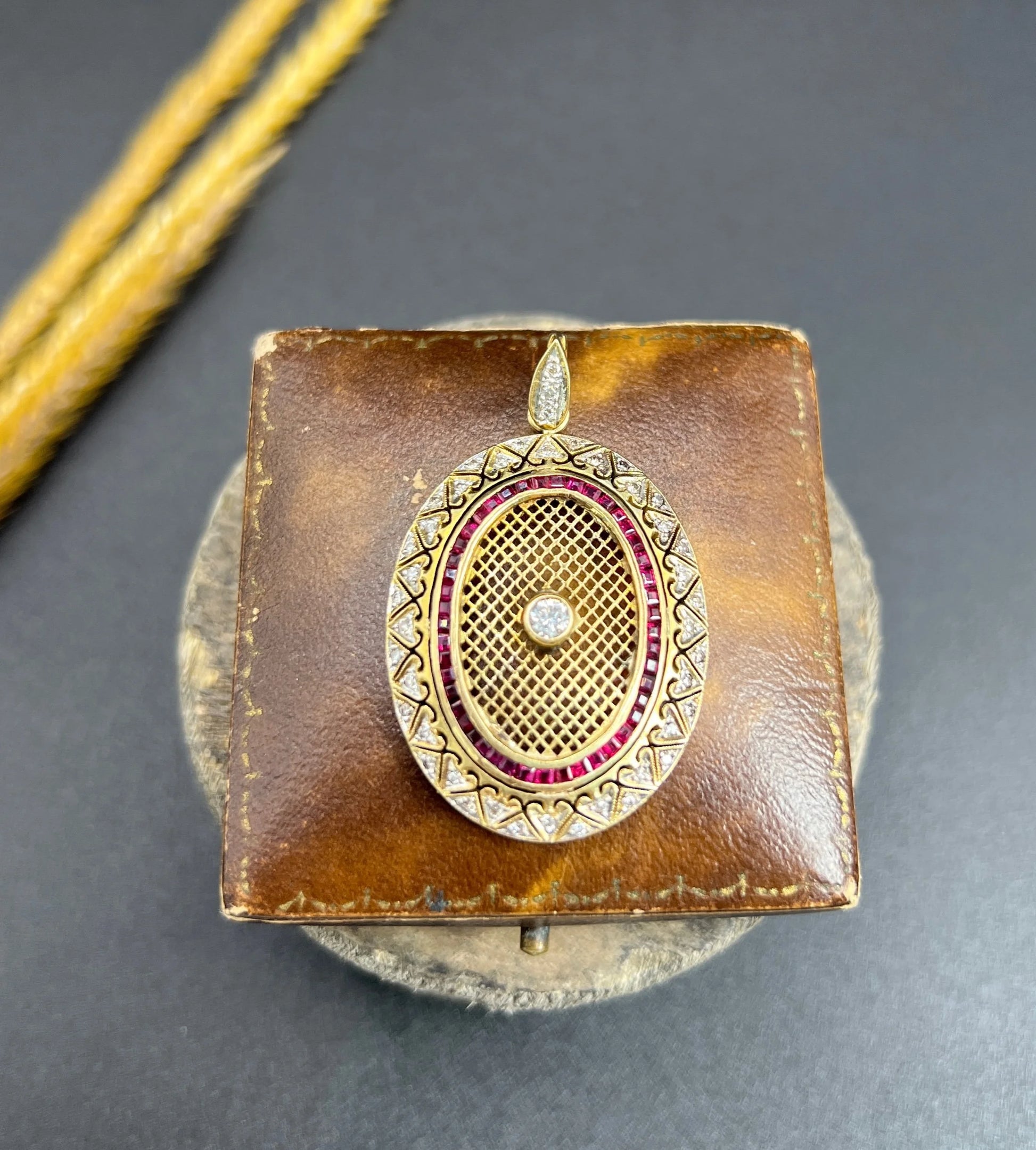 Vintage 18 Carat Gold Stamped Ruby And Diamond Oval Pendant
