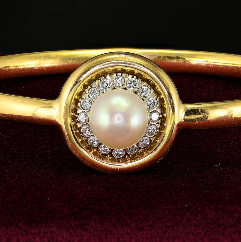 Vintage Late Art Deco South Sea Pearl and Diamond Cluster 18ct Yellow Gold Bangle Bracelet