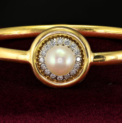Vintage Late Art Deco South Sea Pearl and Diamond Cluster 18ct Yellow Gold Bangle Bracelet