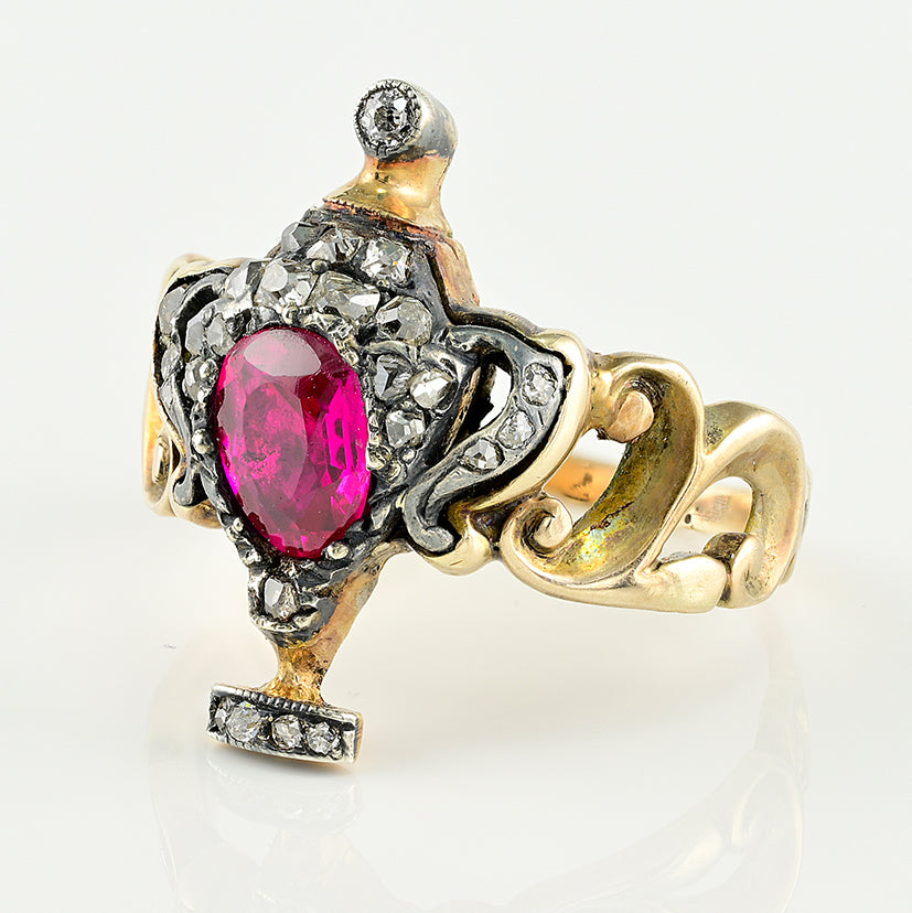 Georgian Antique Natural No Heat Ruby and Diamond Urn Ring Possibly Burma Ruby