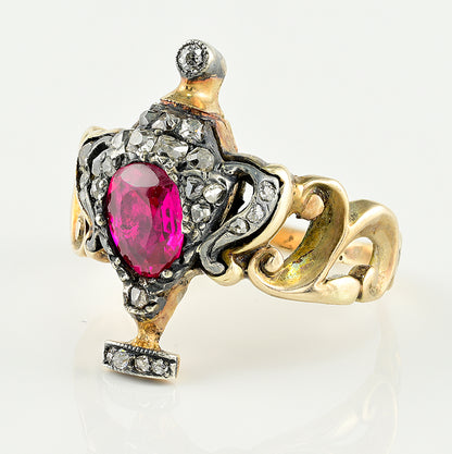 Georgian Antique Natural No Heat Ruby and Diamond Urn Ring Possibly Burma Ruby