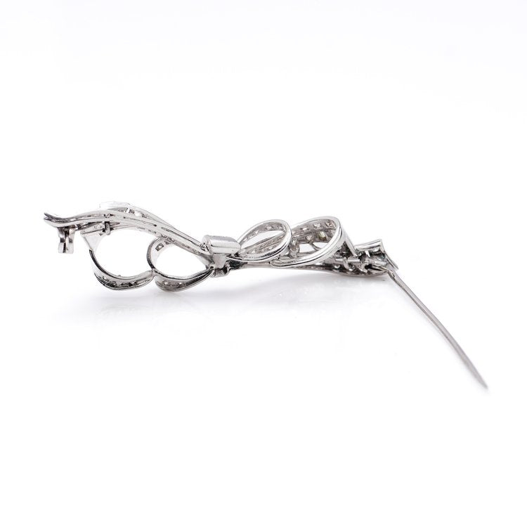Vintage 1940s Brilliant and Baguette Diamond Platinum Bow Brooch, 2.56 carat total