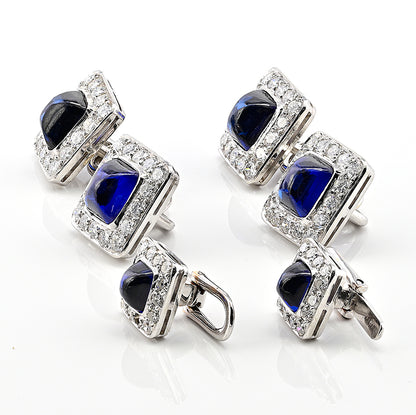 Vintage 11.40ct Sugarloaf Sapphire and Diamond Cluster Cufflinks Suite Dress Set