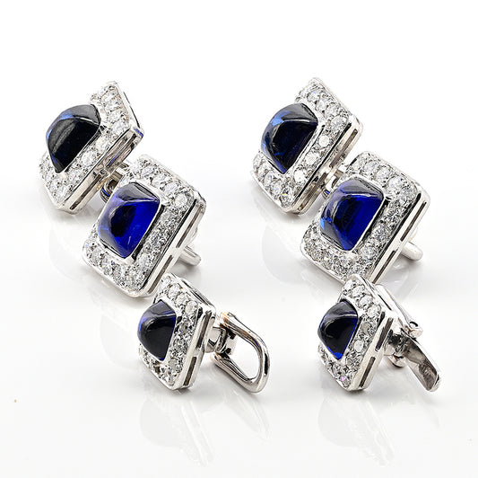 Vintage 11.40ct Sugarloaf Sapphire and Diamond Cluster Cufflinks Suite Dress Set