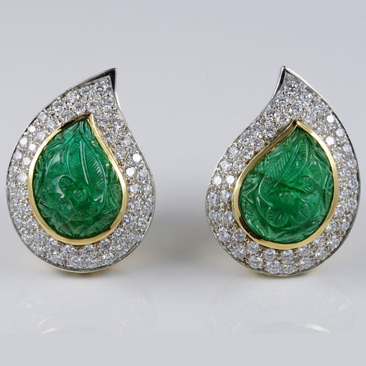 Vintage 22cts Carved Mughal Emerald and Diamond Cluster Clip On Earrings