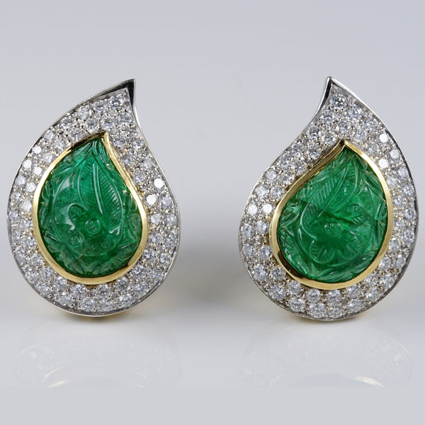 Vintage 22cts Carved Mughal Emerald and Diamond Cluster Clip On Earrings