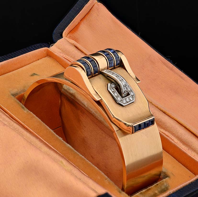 Art Deco Italian Weingrill Sapphire Diamond Gold Buckle Clip Bangle Bracelet