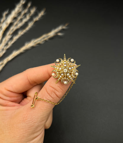 Antique 15 Carat Yellow Gold Diamond and Seed Pearl Crescent Star Brooch/Pendant