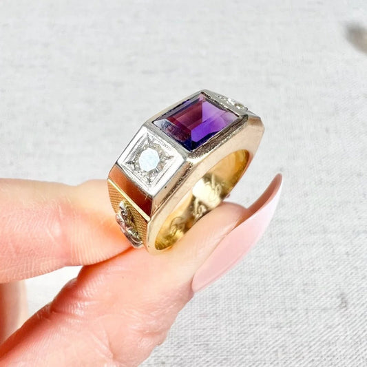 Vintage 18 Carat Gold Amethyst and Brilliant Cut Diamond Fraternity Ring, Circa 1950