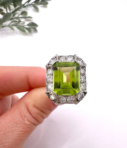 Antique 18ct White Gold & Platinum, 1920s Peridot and Diamond Rectangular Halo Cluster Ring
