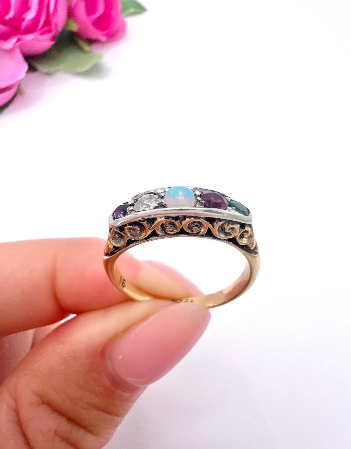 Antique 18 Carat Gold ADORE Amethyst, Diamond, Opal, Ruby and Emerald Acrostic Ring