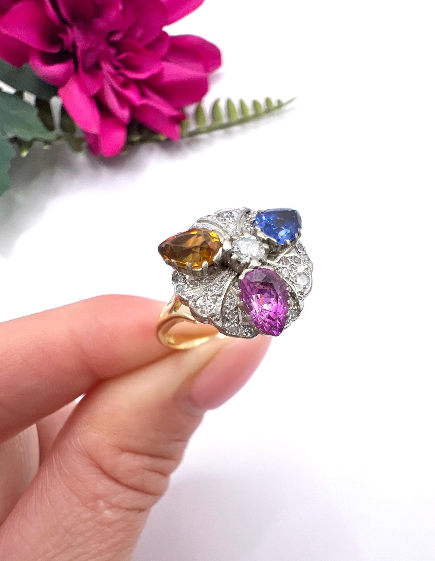 Vintage 18ct Gold, 1980s Natural Sapphire, Pink Sapphire & Citrine Cocktail Ring