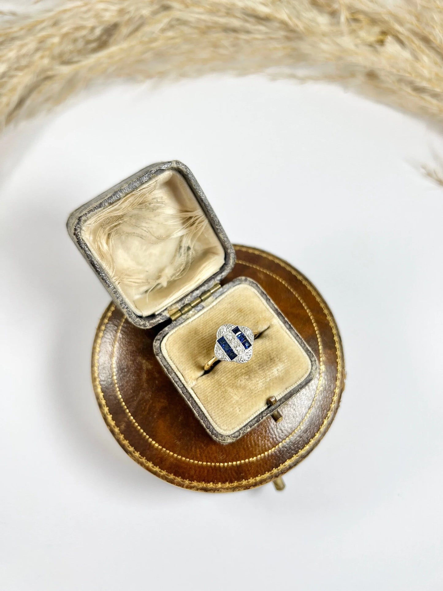 1920s Original Art Deco Sapphire Diamond Panel Engagement Dress 18ct Yellow Gold Ring