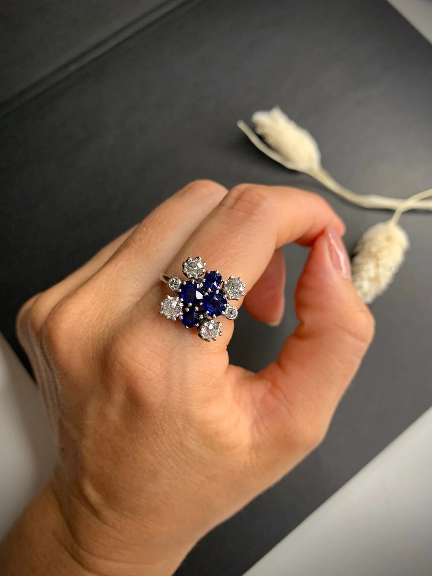 Vintage 1940s Sapphire and Diamond Cluster Ring