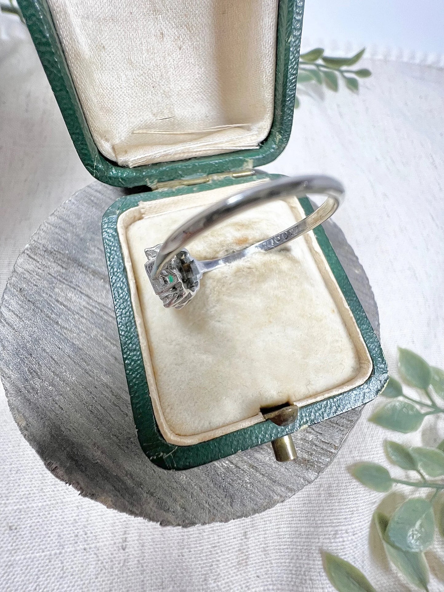 Vintage 18 Carat White Gold Emerald Cut Emerald and Diamond Cluster Ring, Circa 1940