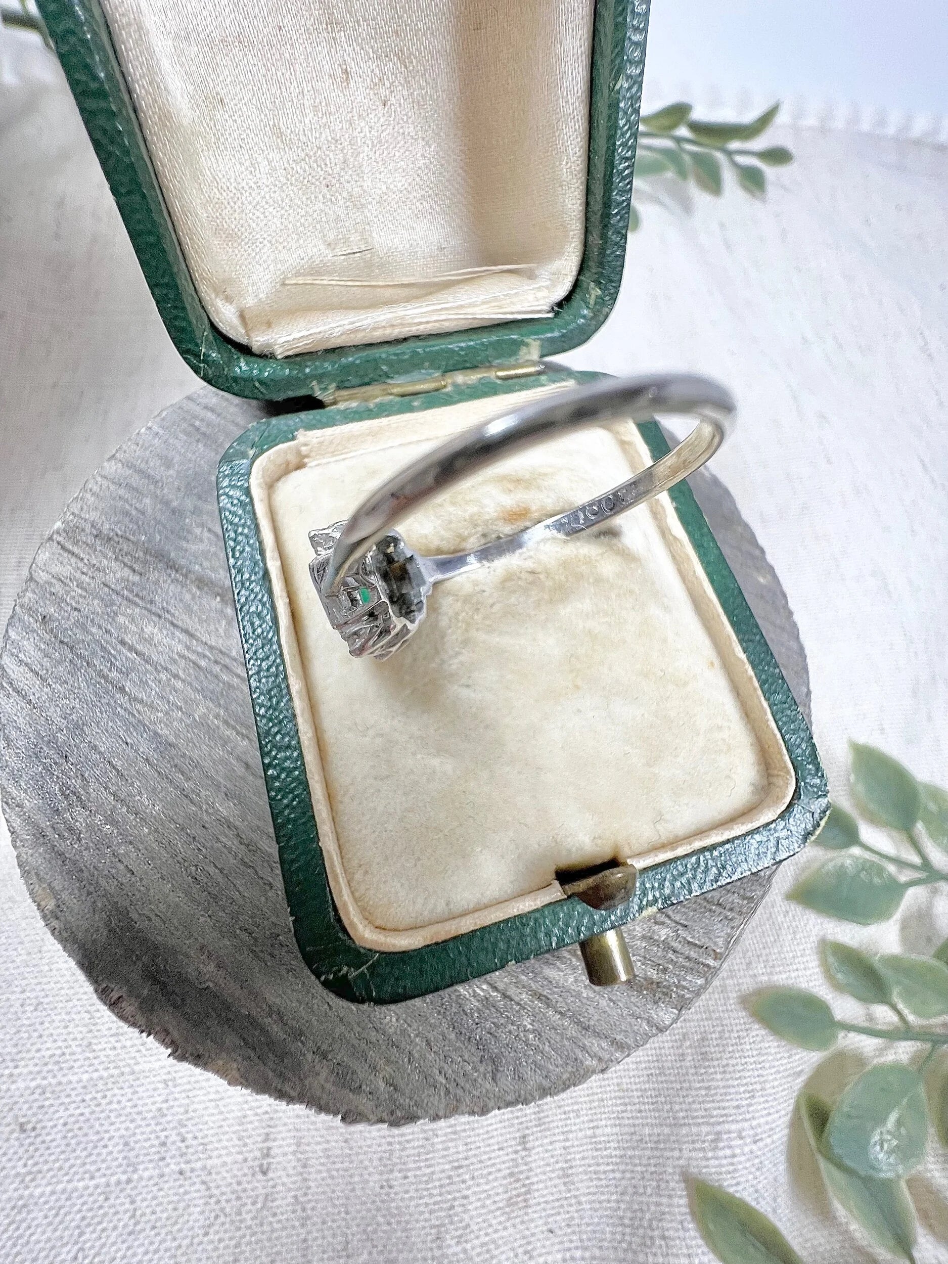 Vintage 18 Carat White Gold Emerald Cut Emerald and Diamond Cluster Ring, Circa 1940