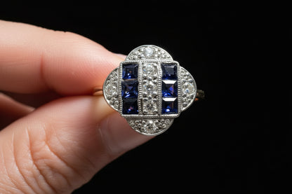 1920s Original Art Deco Sapphire Diamond Panel Engagement Dress 18ct Yellow Gold Ring