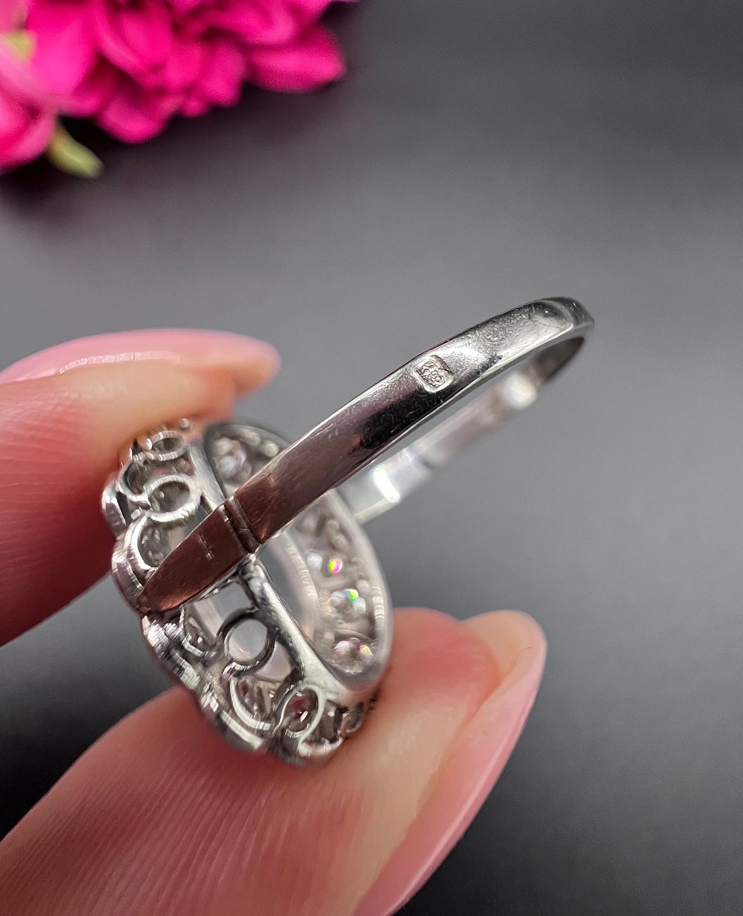 Antique French Platinum Cabochon Moonstone and Diamond Cluster Ring, Circa 1920