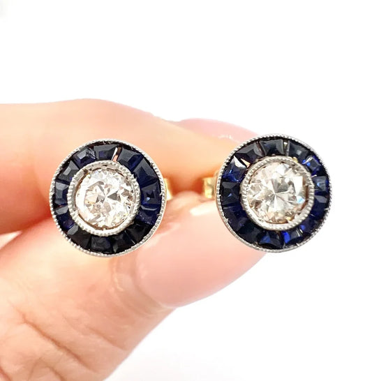 Art Deco Diamond and Sapphire Target Cluster Stud Earrings