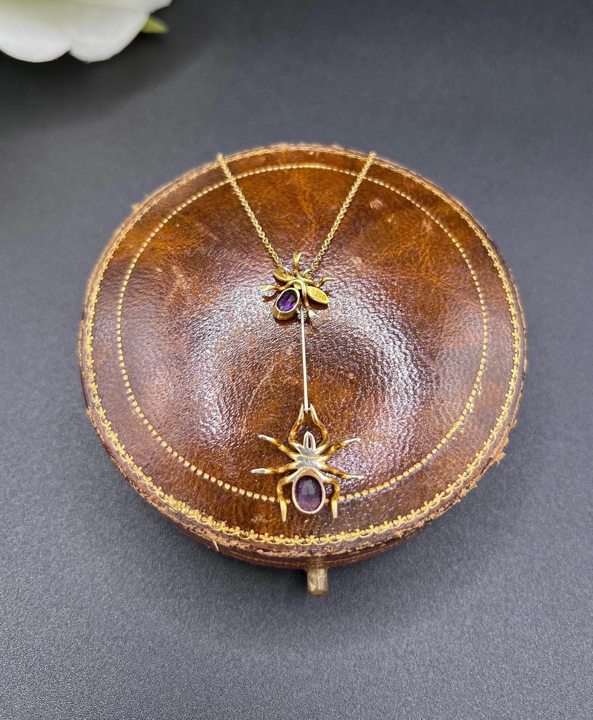 Antique 9 ct Gold, Edwardian Amethyst Spider And Fly Bug Pendant Necklace