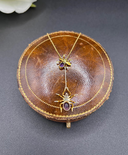 Antique 9 ct Gold, Edwardian Amethyst Spider And Fly Bug Pendant Necklace