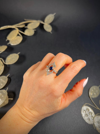 Victorian 18 Carat Yellow Gold Sapphire and Diamond Marquise/Navette Ring, Circa 1880
