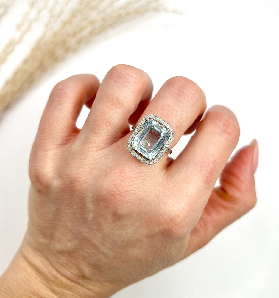 Vintage 10 Carat Aquamarine And Diamond Halo Ring In Platinum
