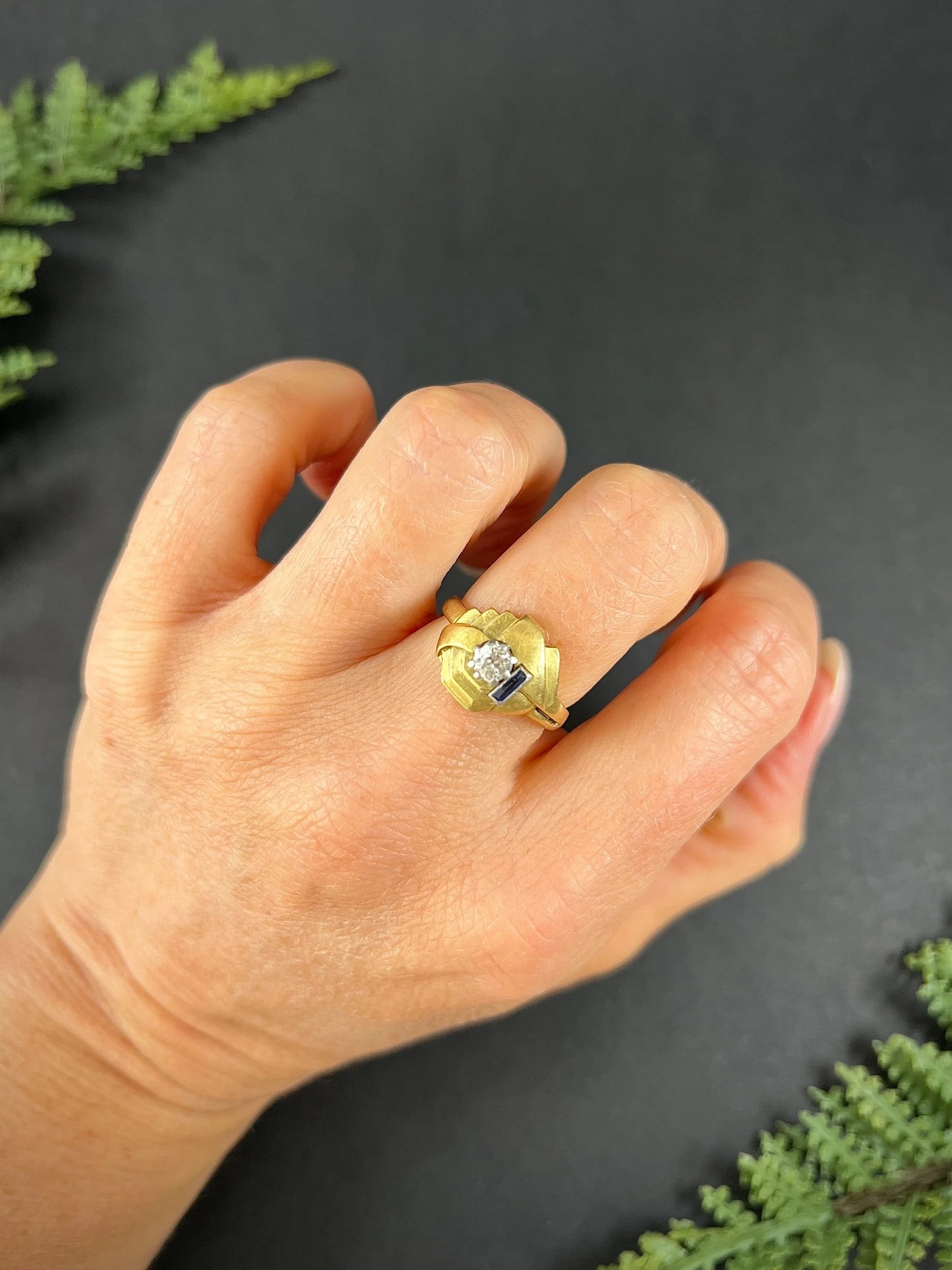Art Deco 18 Carat Yellow Gold Sapphire and Diamond Geometric Ring, Circa 1920