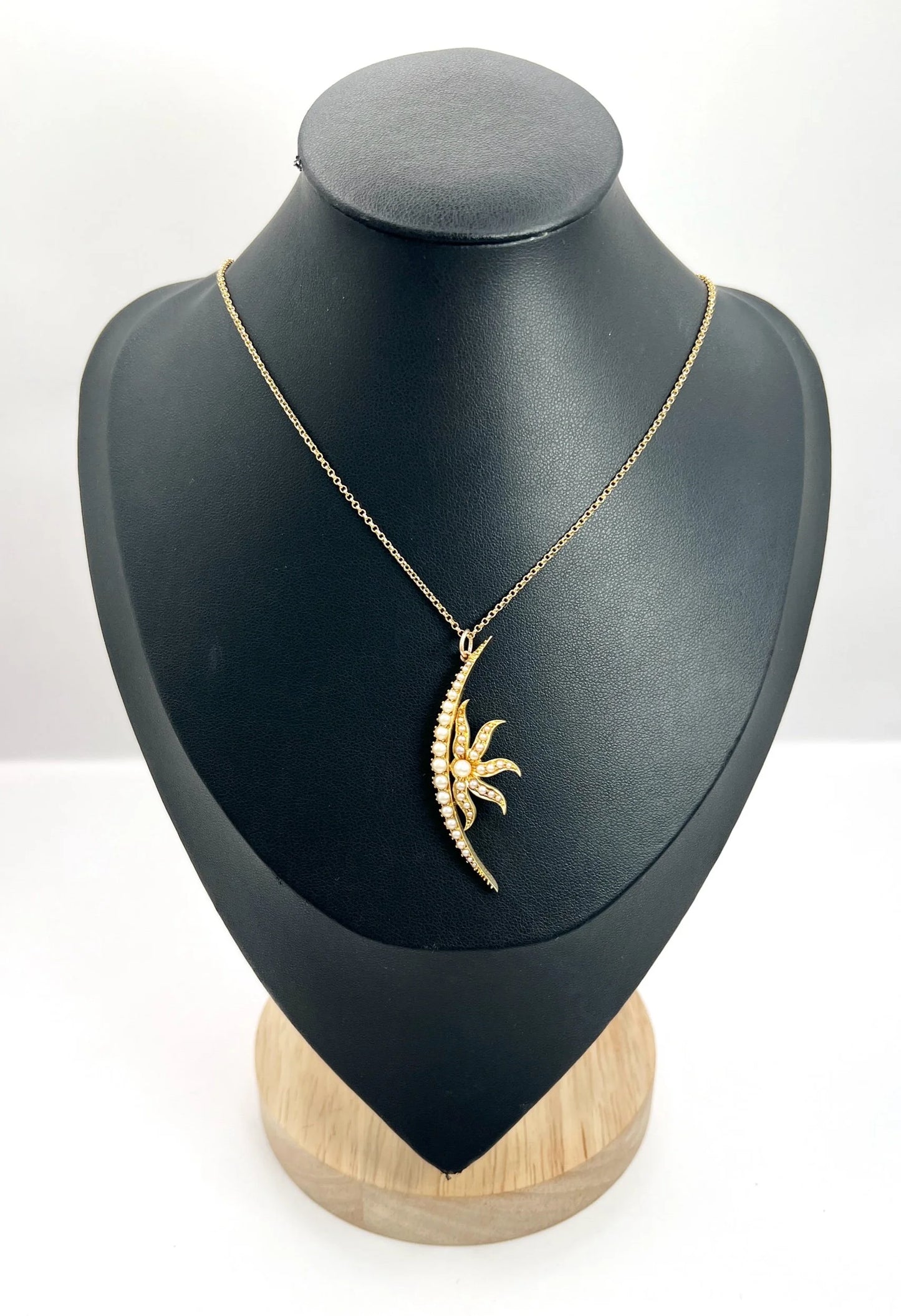 Antique 15 Carat Yellow Gold Seed Pearl Sunburst Crescent Moon Pendant, Circa 1900