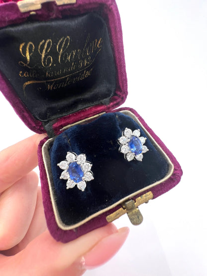 Vintage 18 ct White Gold, 1980's Natural Sapphire And Diamond Oval Cluster Earrings