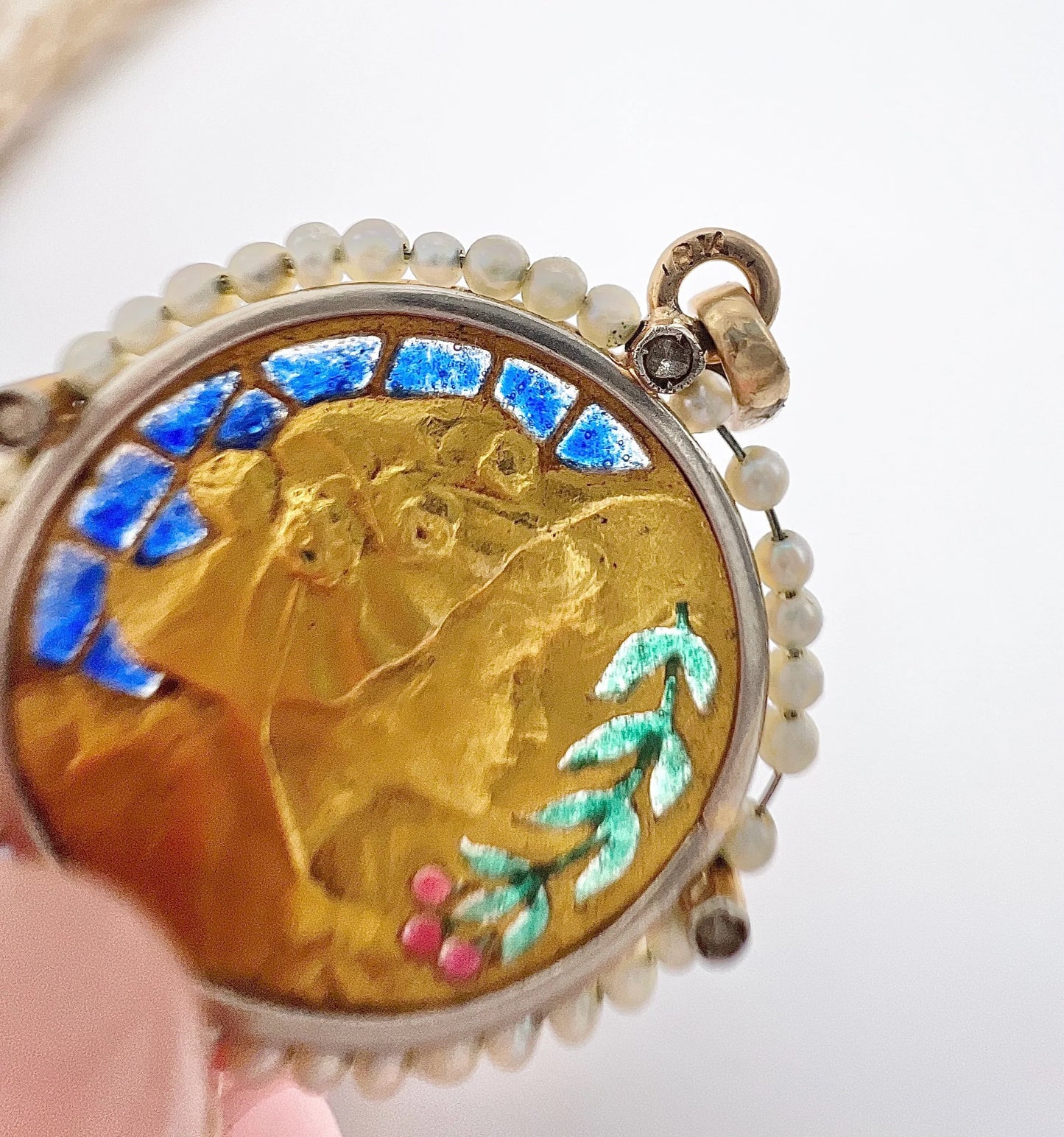 Antique 18 Carat Yellow Gold Plique a Jour and Seed Pearl Lady Portrait Pendant