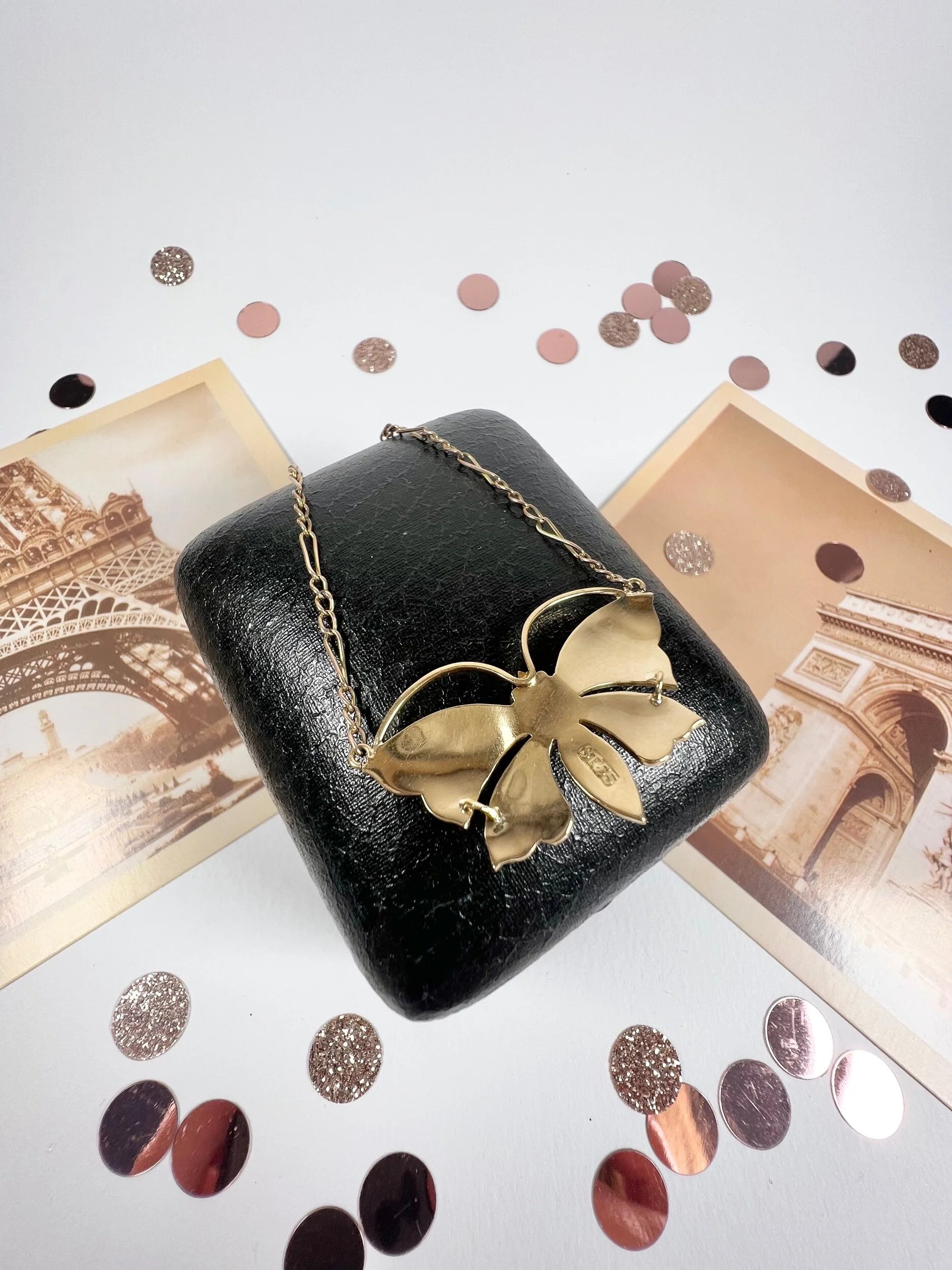 Antique 18 Carat Gold Victorian Butterfly Necklace Set With Pearls And Diamond Eyes