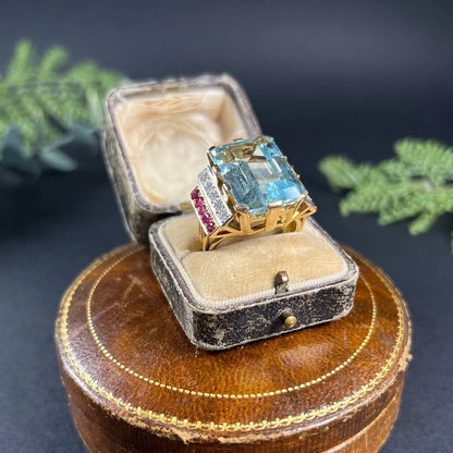 Vintage Retro 17cts Aquamarine Diamond Ruby Cocktail Ring