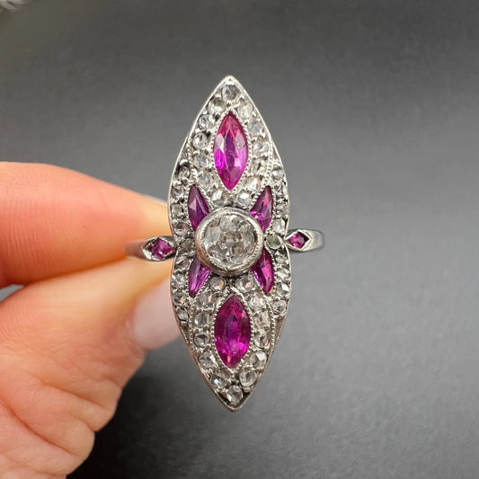 Edwardian Antique Ruby and Diamond Marquise Cluster Navette Ring