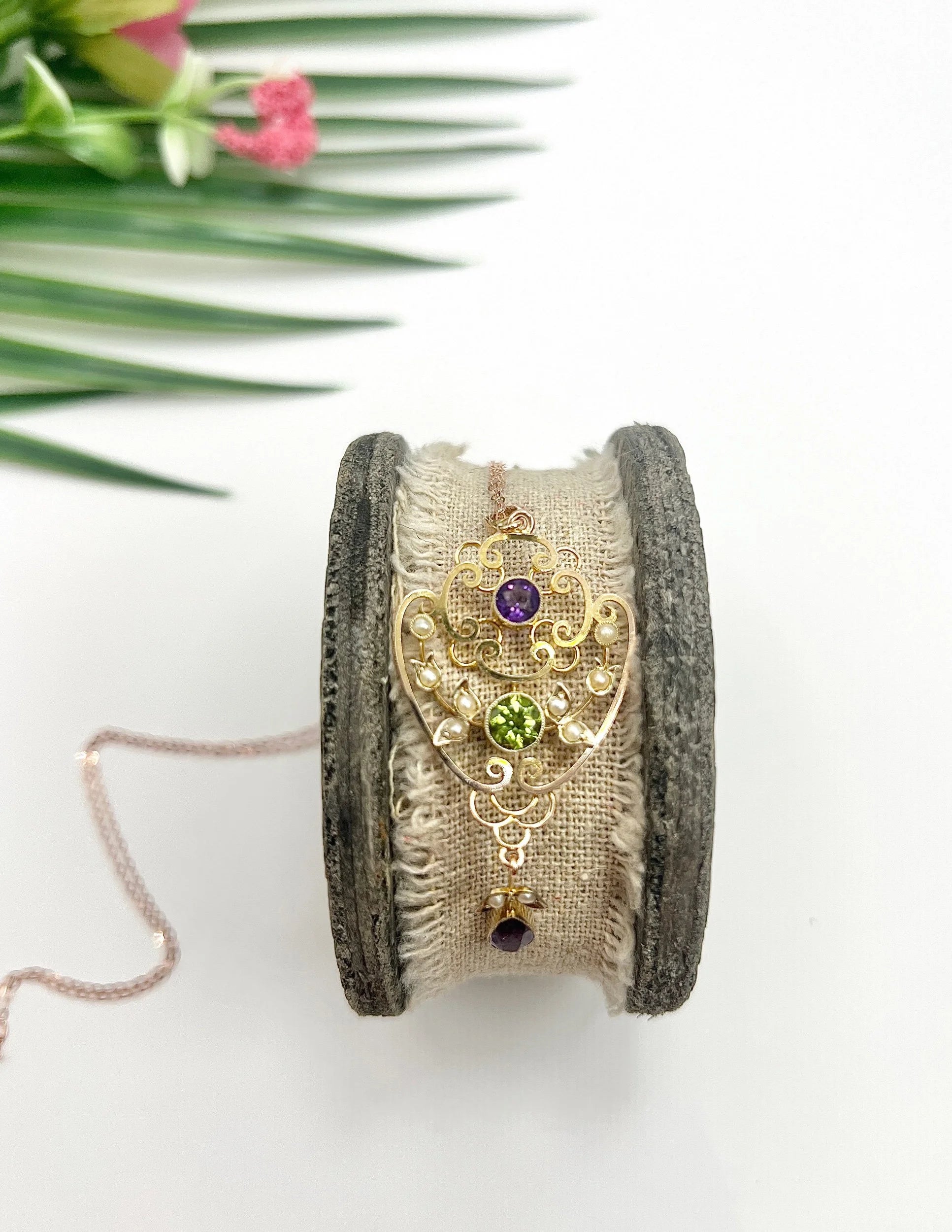 Antique 9 Carat Yellow Gold Amethyst, Peridot and Seed Pearl Suffragette Pendant Necklace