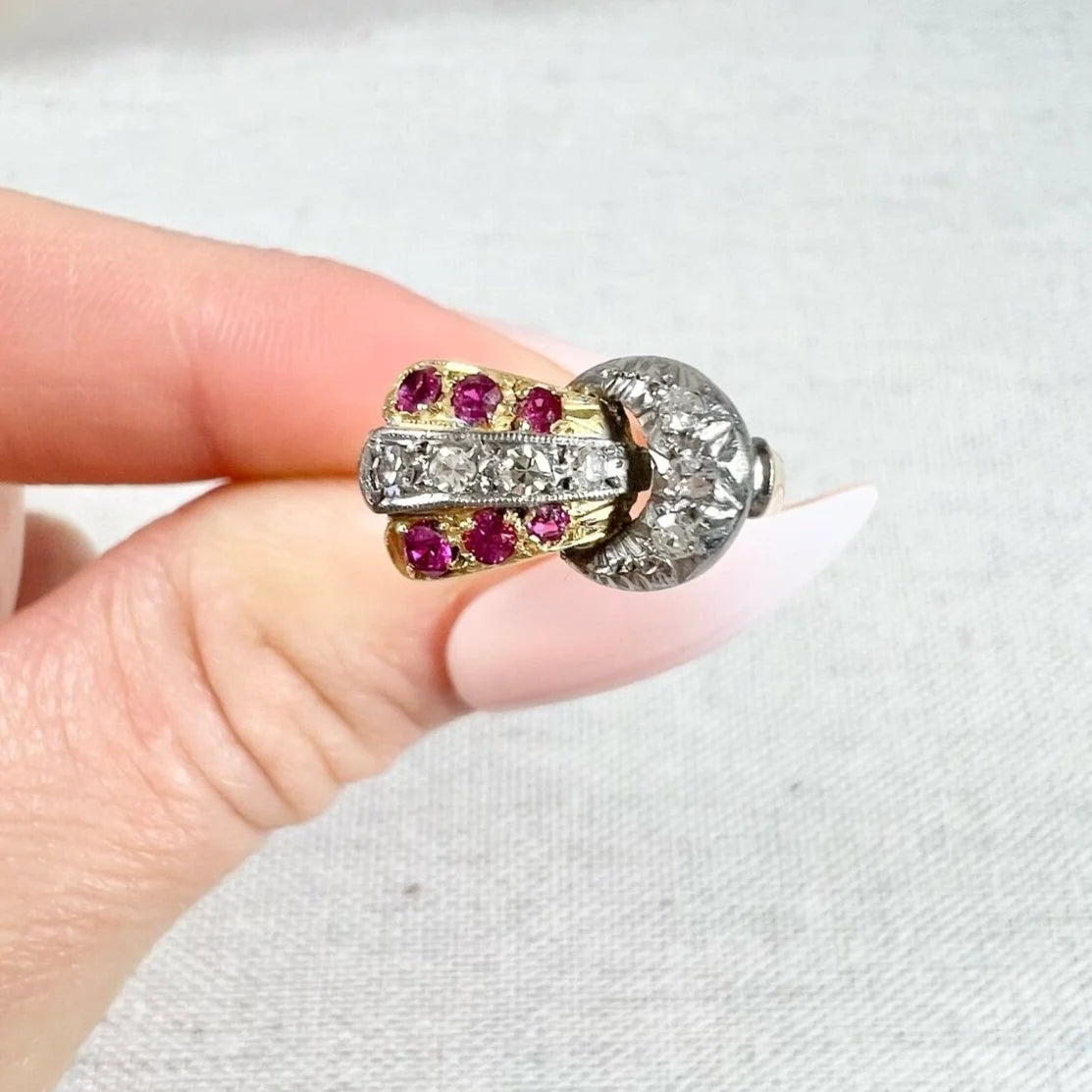 Vintage 1940s, 18ct Yellow & White Gold Ruby Diamond Set Buckle/Belt Cocktail Ring