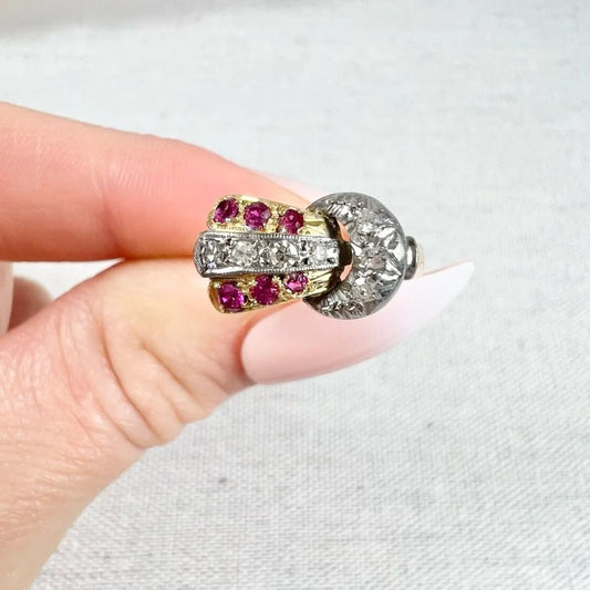 Vintage 1940s, 18ct Yellow & White Gold Ruby Diamond Set Buckle/Belt Cocktail Ring