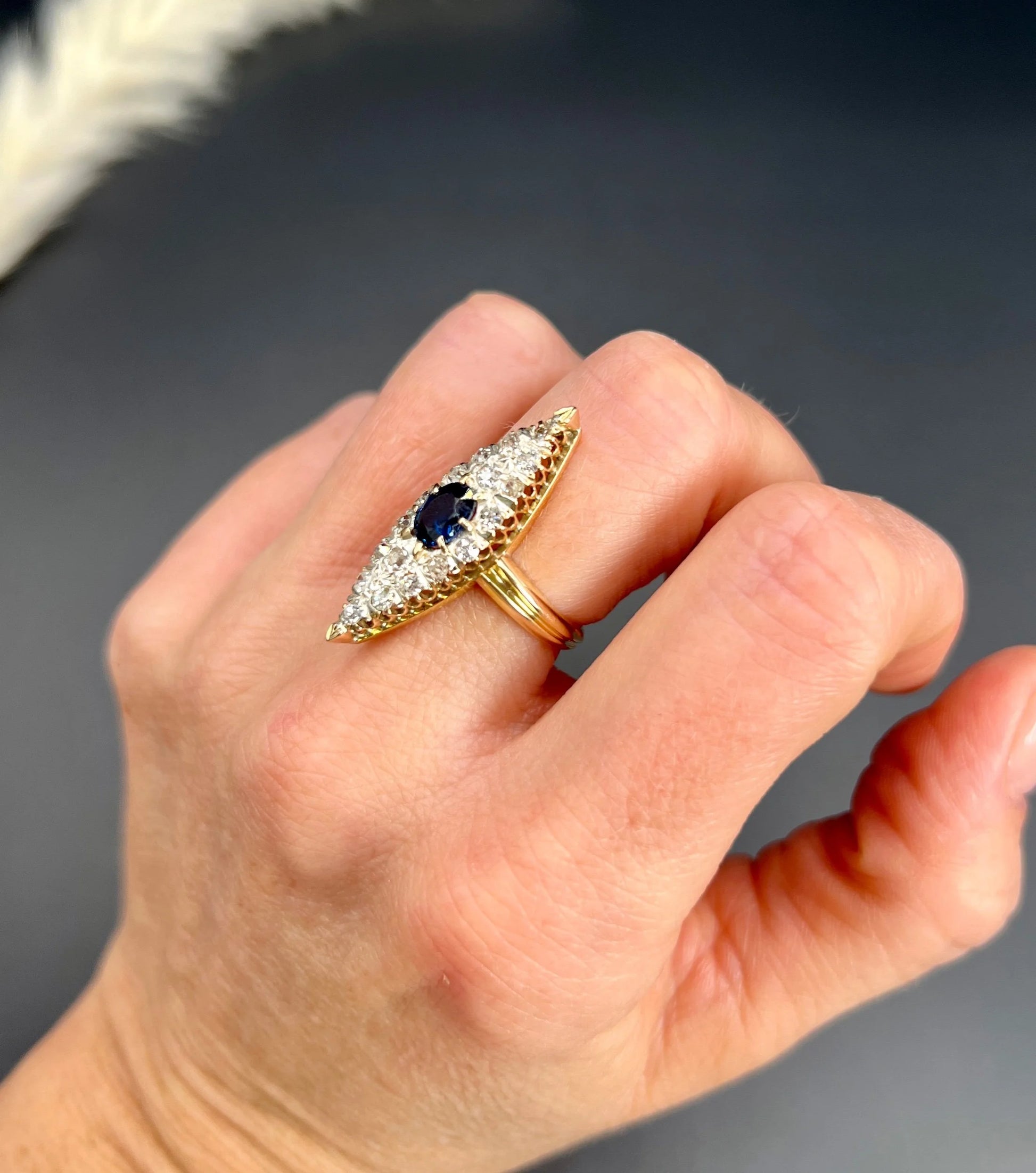 Antique 9 ct Yellow Gold, Victorian Sapphire And Diamond Marquise Navette Shaped Ring