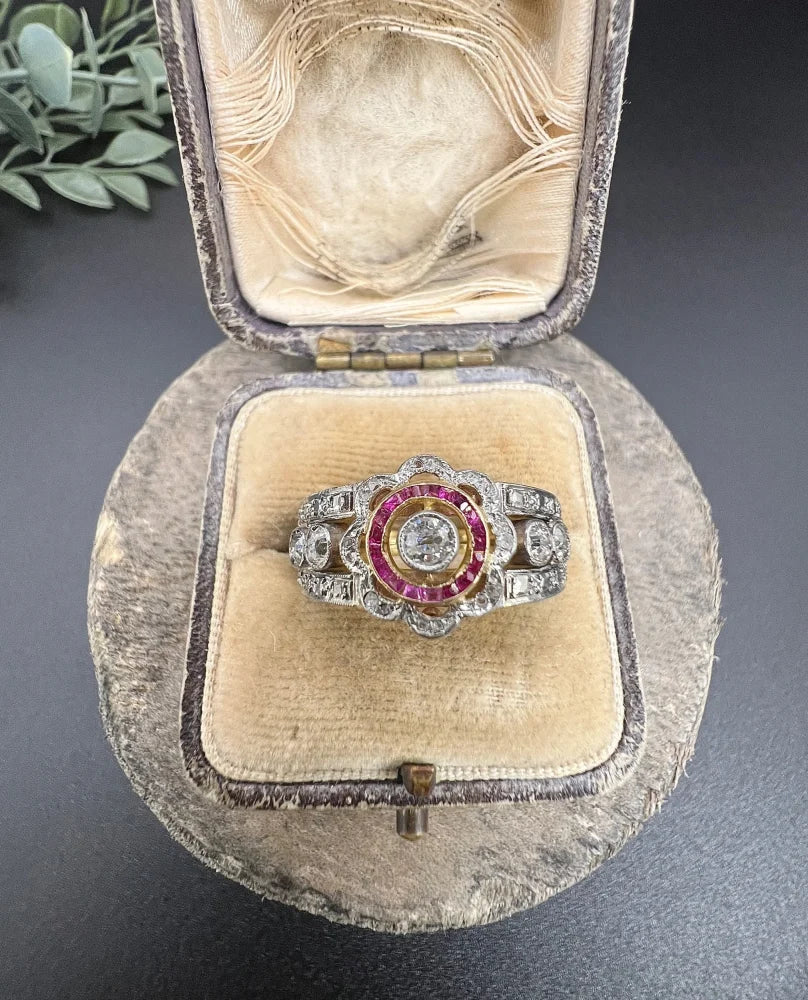 Antique 18 Carat Yellow Gold And Platinum Cocktail Ring With Diamonds And Rubies