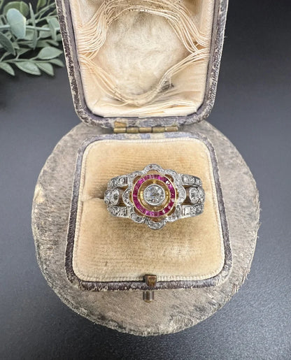 Antique 18 Carat Yellow Gold And Platinum Cocktail Ring With Diamonds And Rubies